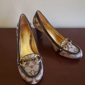 Coach heels, brown with gold metal embellishment